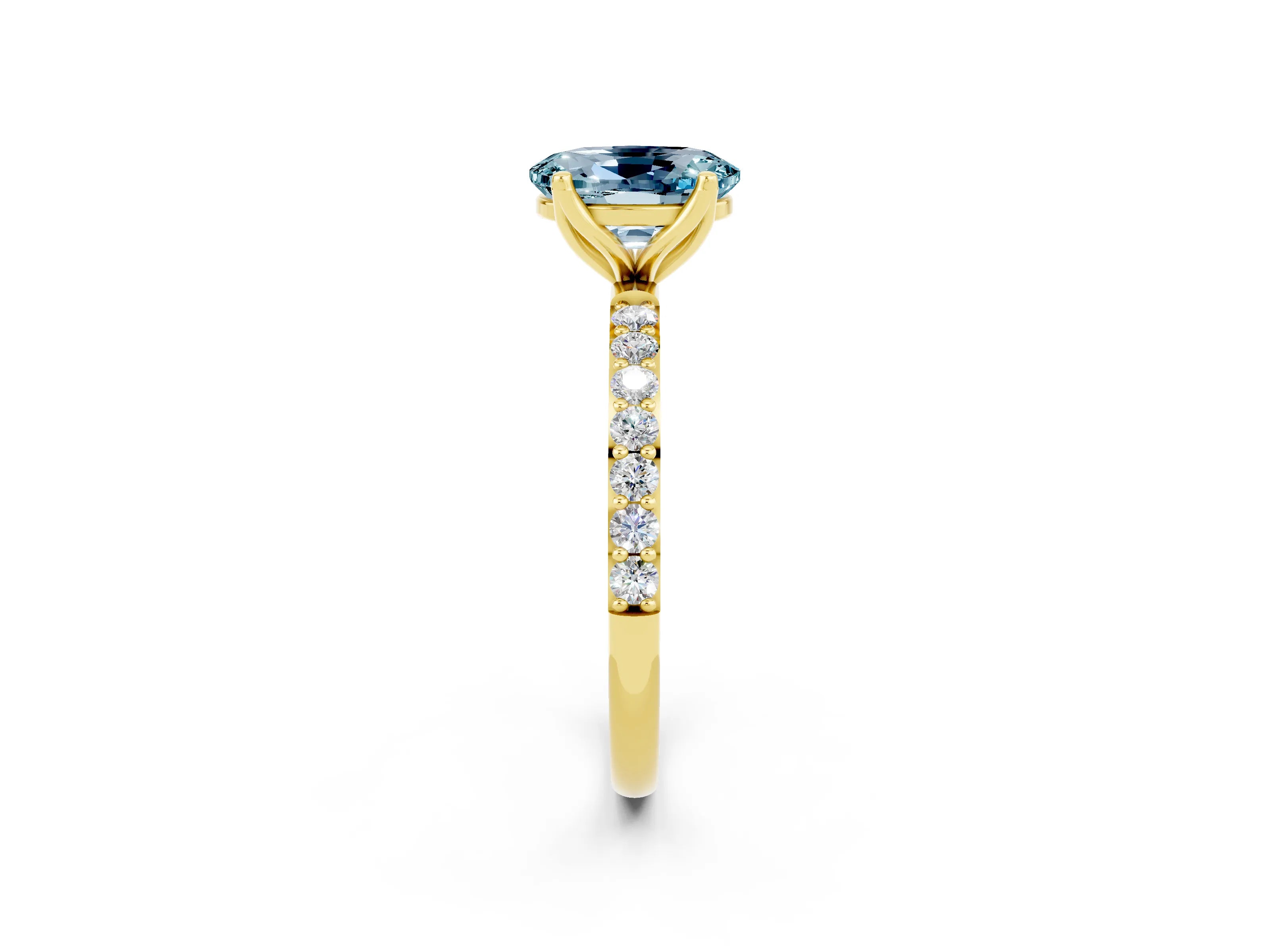 Yellow gold Oval Cut Aquamarine Solitaire Engagement Ring with Pavé Band and Prong Setting_2