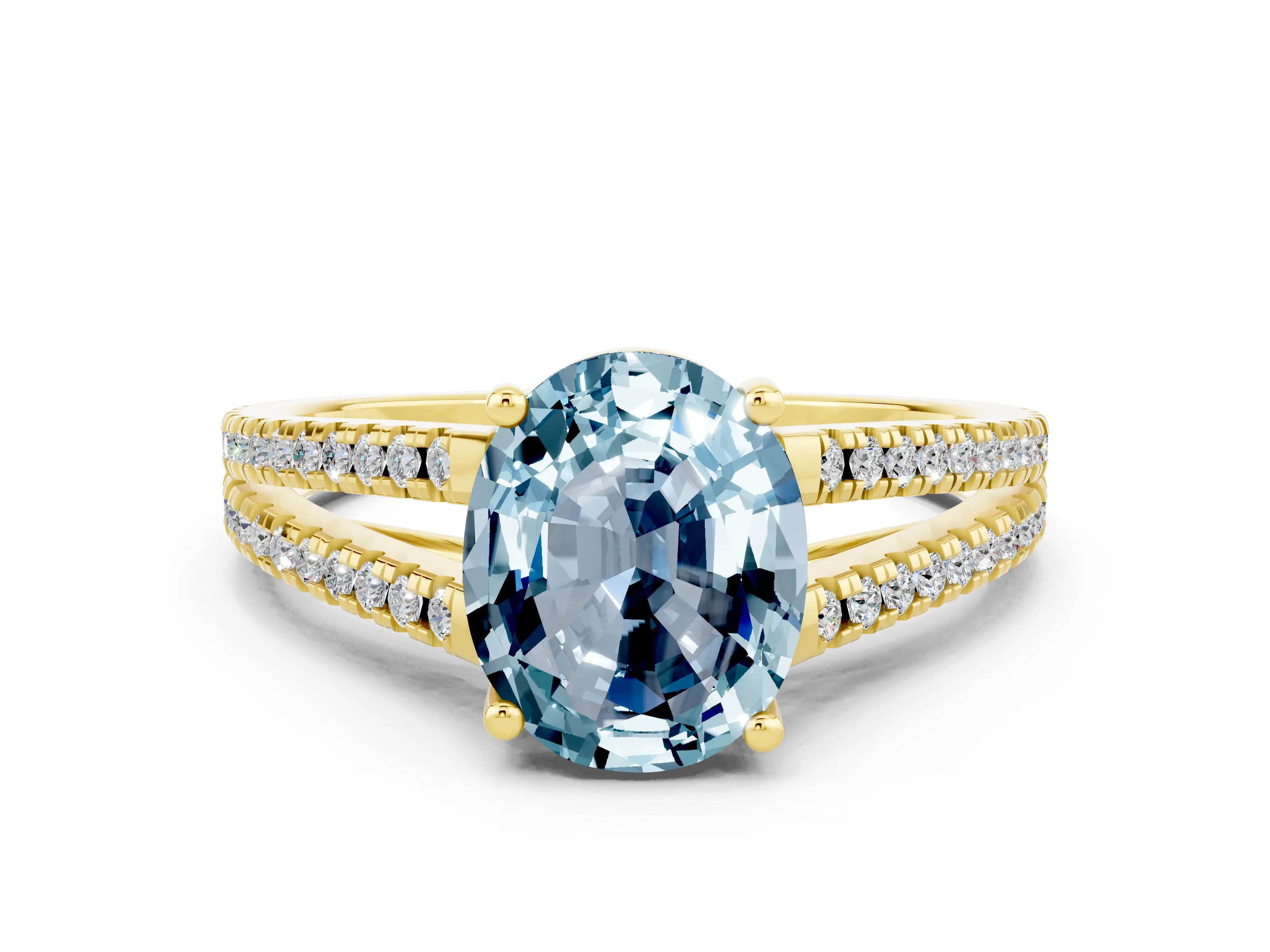 Yellow gold Oval Cut Aquamarine Solitaire Engagement Ring with Split Shank Pavé Band