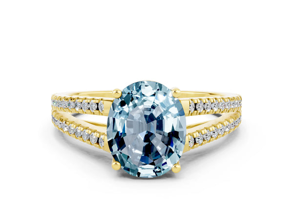Yellow gold Oval Cut Aquamarine Solitaire Engagement Ring with Split Shank Pavé Band