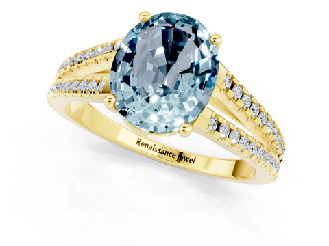 Yellow gold Oval Cut Aquamarine Solitaire Engagement Ring with Split Shank Pavé Band_1