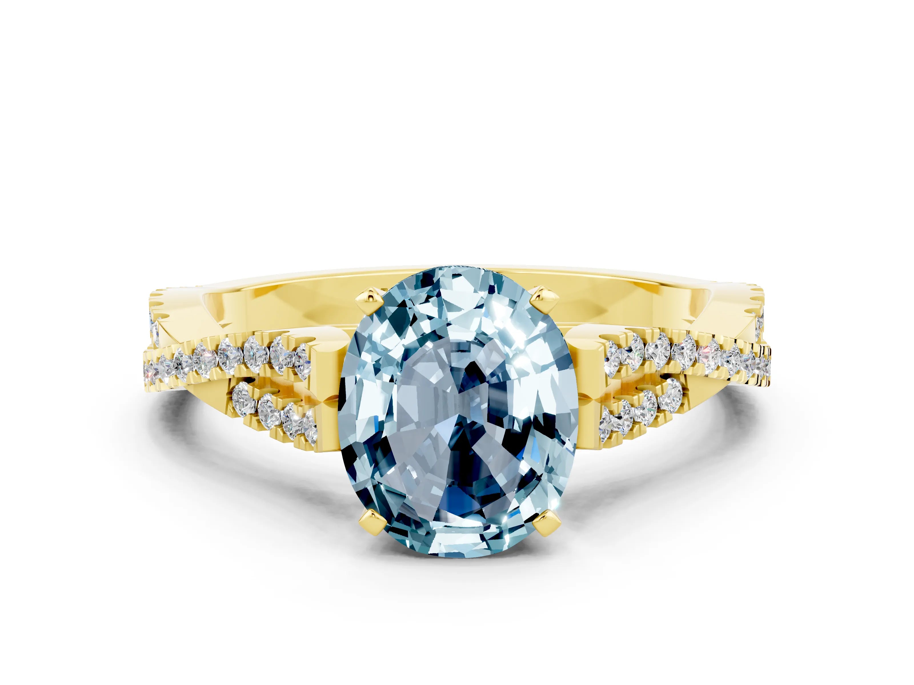 Yellow gold Oval Cut Aquamarine Solitaire Engagement Ring with Twisted Pavé Band and Four-Prong Setting