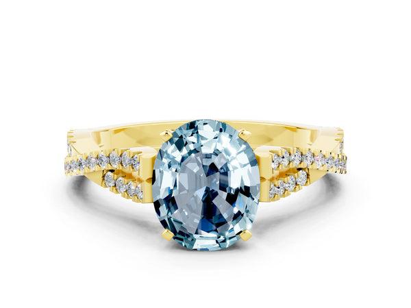 Yellow gold Oval Cut Aquamarine Solitaire Engagement Ring with Twisted Pavé Band and Four-Prong Setting