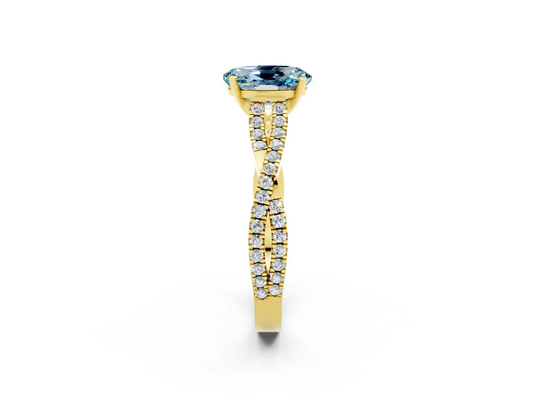 Yellow gold Oval Cut Aquamarine Solitaire Engagement Ring with Twisted Pavé Band and Four-Prong Setting