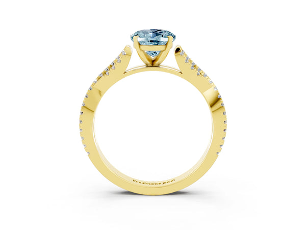 Yellow gold Oval Cut Aquamarine Solitaire Engagement Ring with Twisted Pavé Band and Four-Prong Setting