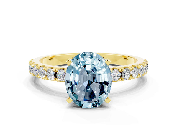 Yellow gold Oval Cut Aquamarine Solitaire Pavé Band with Four-Prong Setting