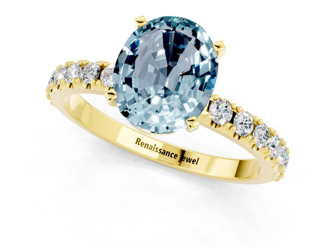 Yellow gold Oval Cut Aquamarine Solitaire Pavé Band with Four-Prong Setting_1