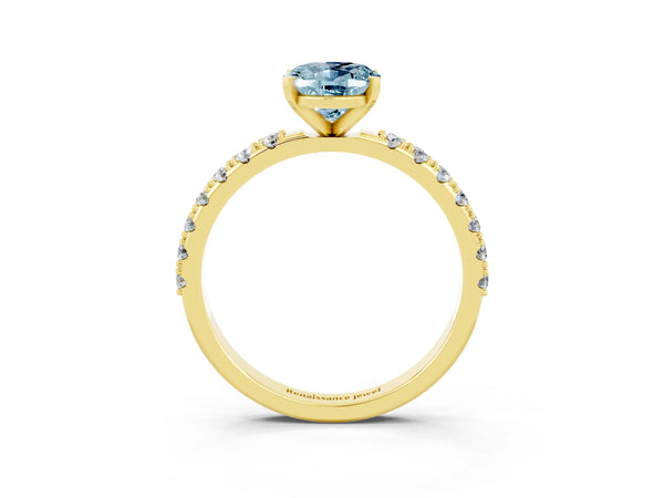 Yellow gold Oval Cut Aquamarine Solitaire Pavé Band with Four-Prong Setting