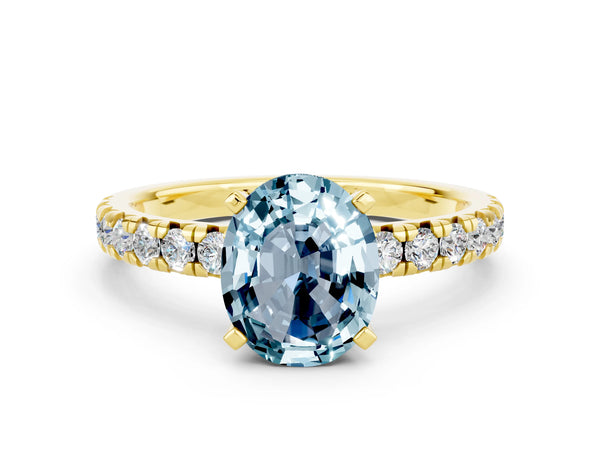 Yellow gold Oval Cut Aquamarine Solitaire Pavé Engagement Ring with Round Band and Prong Setting