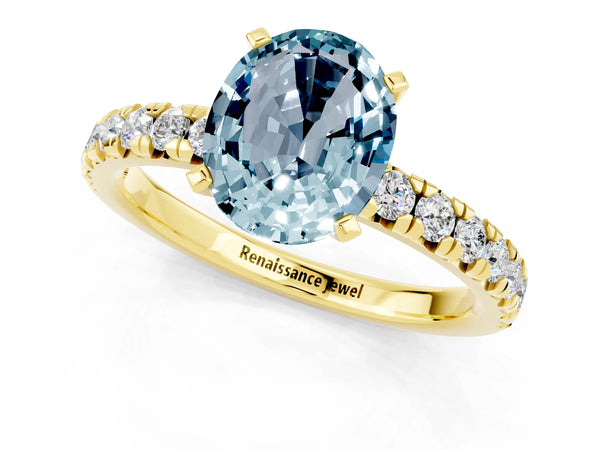 Yellow gold Oval Cut Aquamarine Solitaire Pavé Engagement Ring with Round Band and Prong Setting
