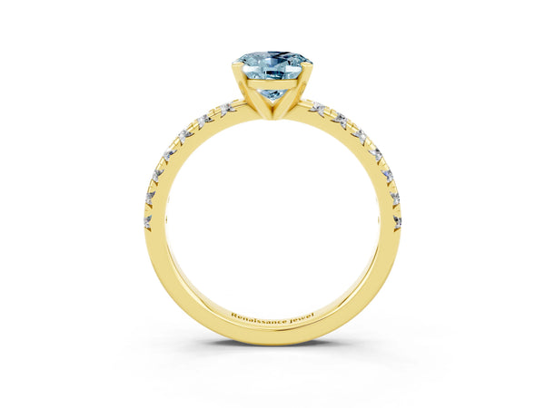 Yellow gold Oval Cut Aquamarine Solitaire Pavé Engagement Ring with Round Band and Prong Setting