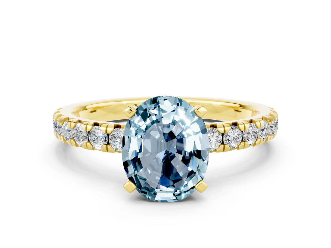 Yellow gold Oval Cut Aquamarine Solitaire Pavé Engagement Ring with Round Band and Prong Setting_72