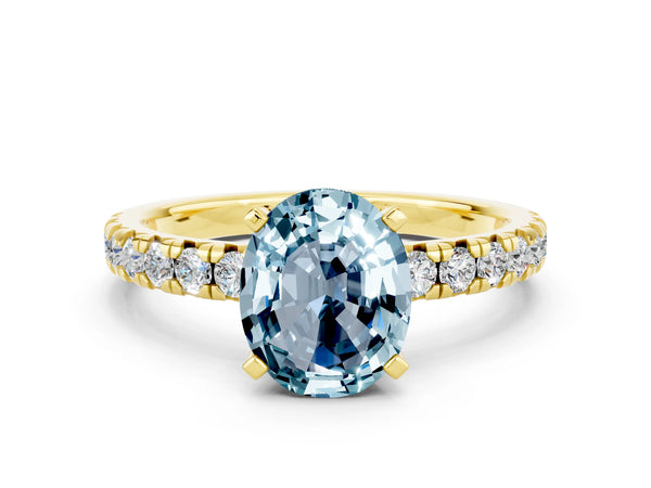 Yellow gold Oval Cut Aquamarine Solitaire Pavé Engagement Ring with Round Band and Prong Setting