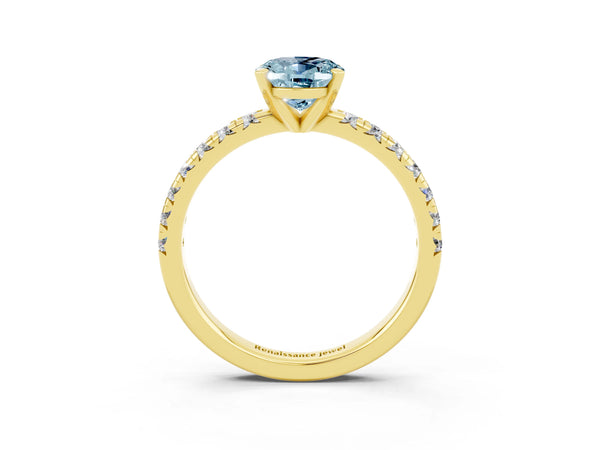 Yellow gold Oval Cut Aquamarine Solitaire Pavé Engagement Ring with Round Band and Prong Setting