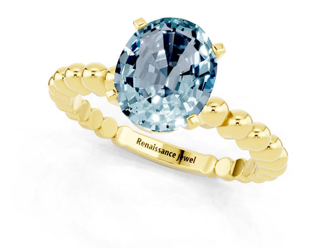 Yellow gold Oval Cut Aquamarine Solitaire Ring with Beaded Band and Prong Setting_1