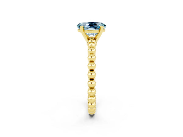 Yellow gold Oval Cut Aquamarine Solitaire Ring with Beaded Band and Prong Setting