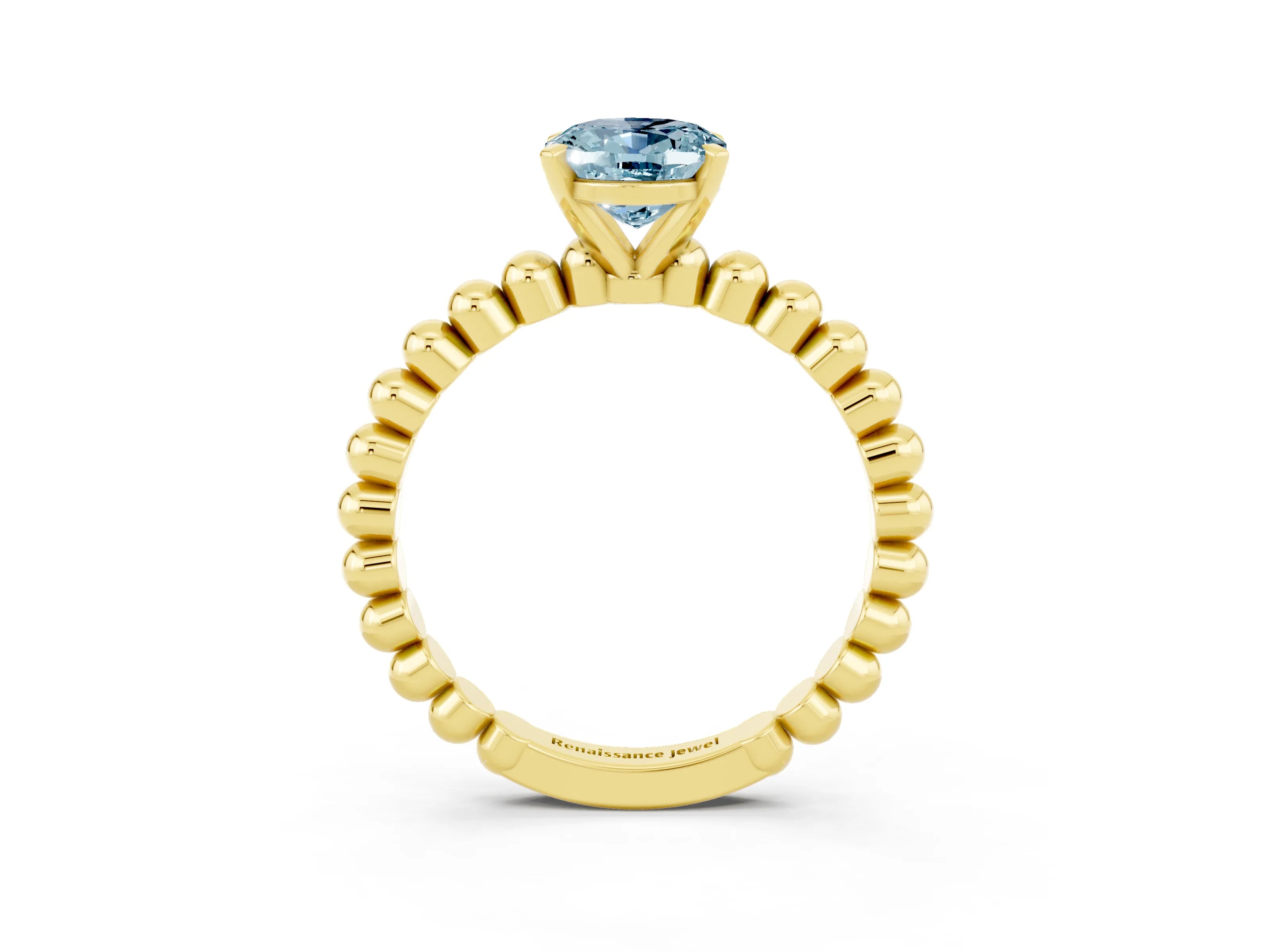 Yellow gold Oval Cut Aquamarine Solitaire Ring with Beaded Band and Prong Setting_3