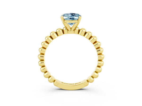 Yellow gold Oval Cut Aquamarine Solitaire Ring with Beaded Band and Prong Setting