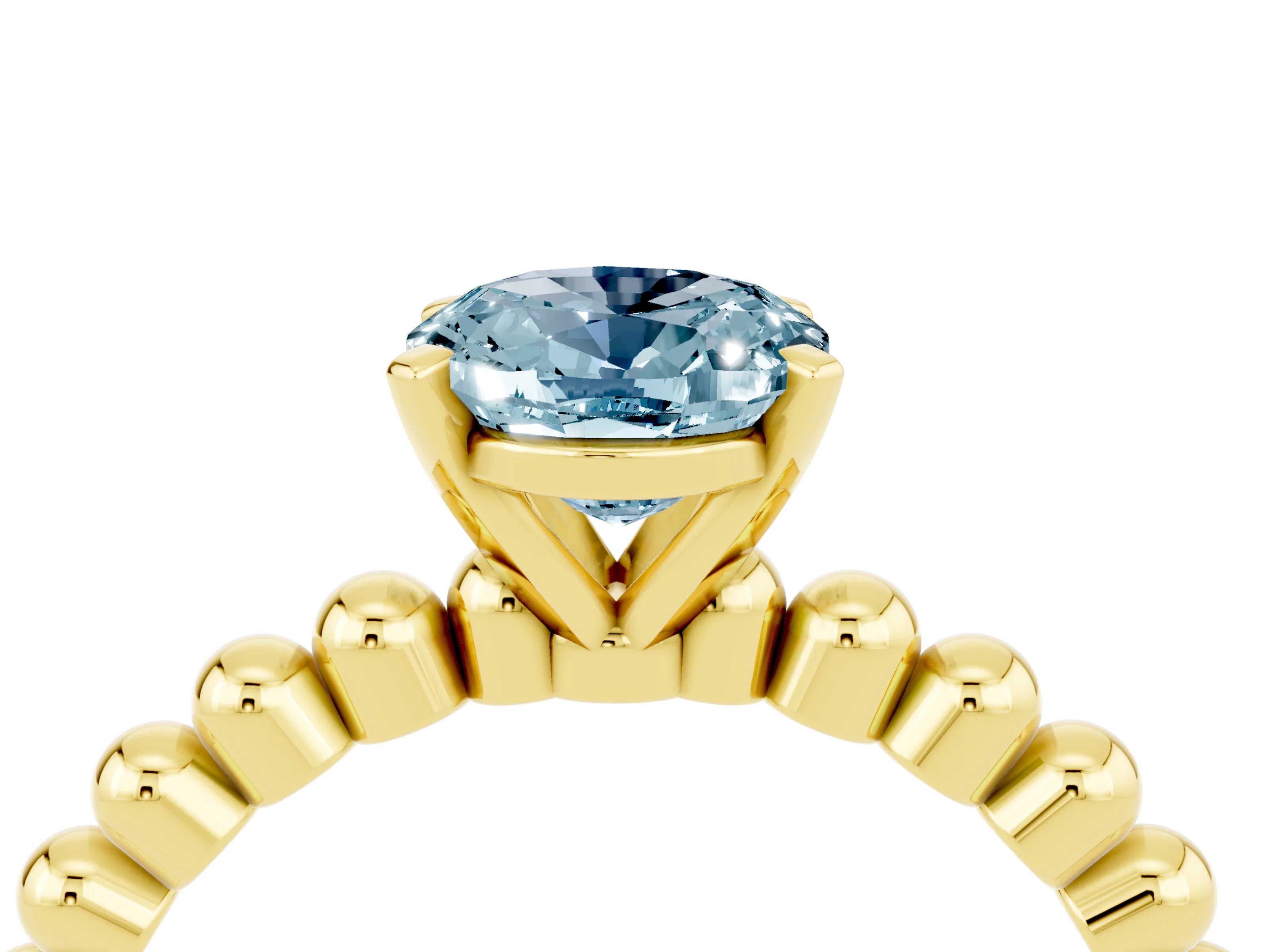 Yellow gold Oval Cut Aquamarine Solitaire Ring with Beaded Band and Prong Setting_4