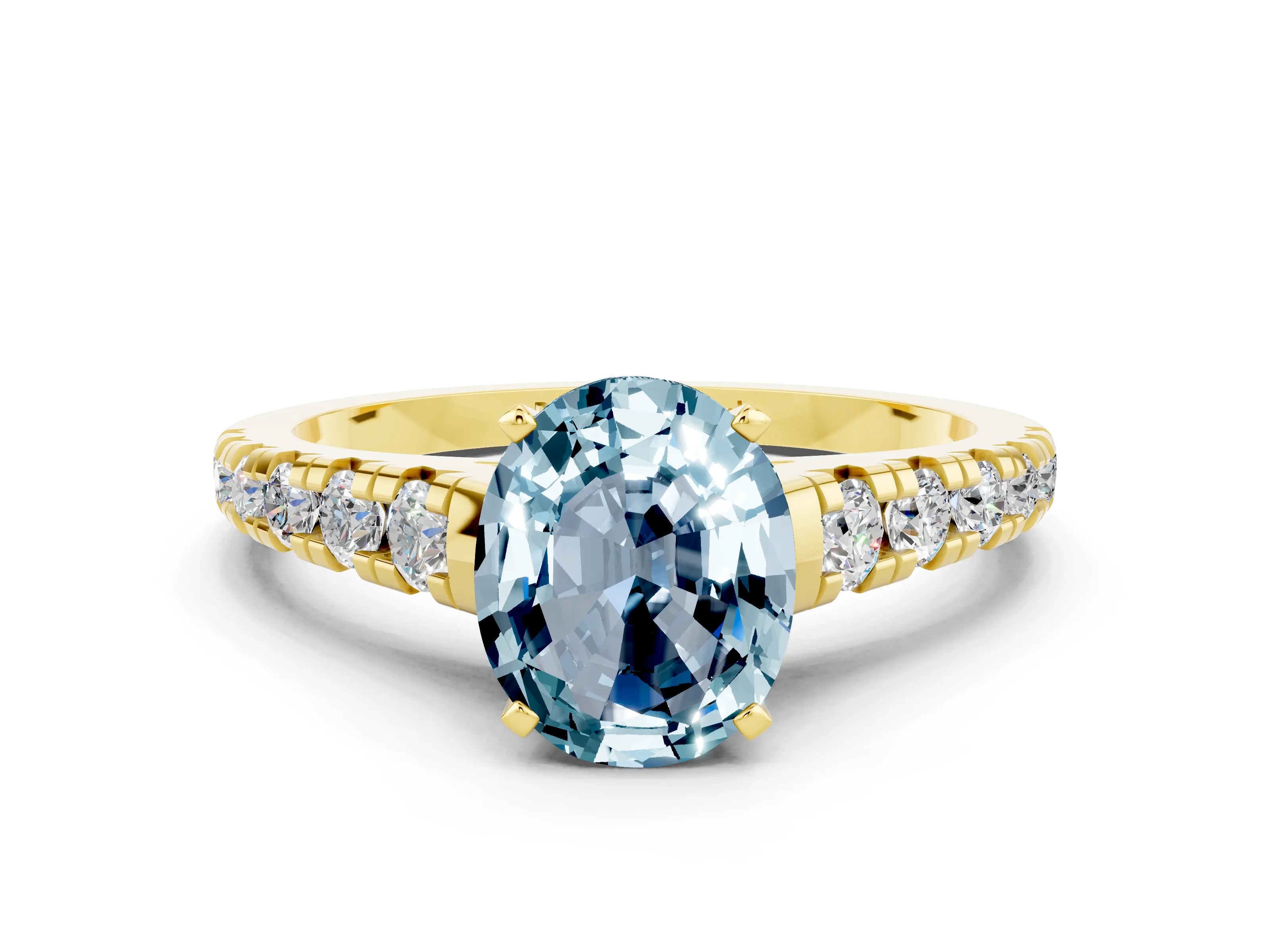 Yellow gold Oval Cut Aquamarine Solitaire Ring with Cathedral Setting and Pavé Band