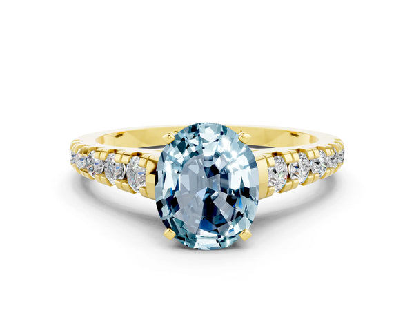 Yellow gold Oval Cut Aquamarine Cathedral Solitaire Ring with Round  Pavé Band