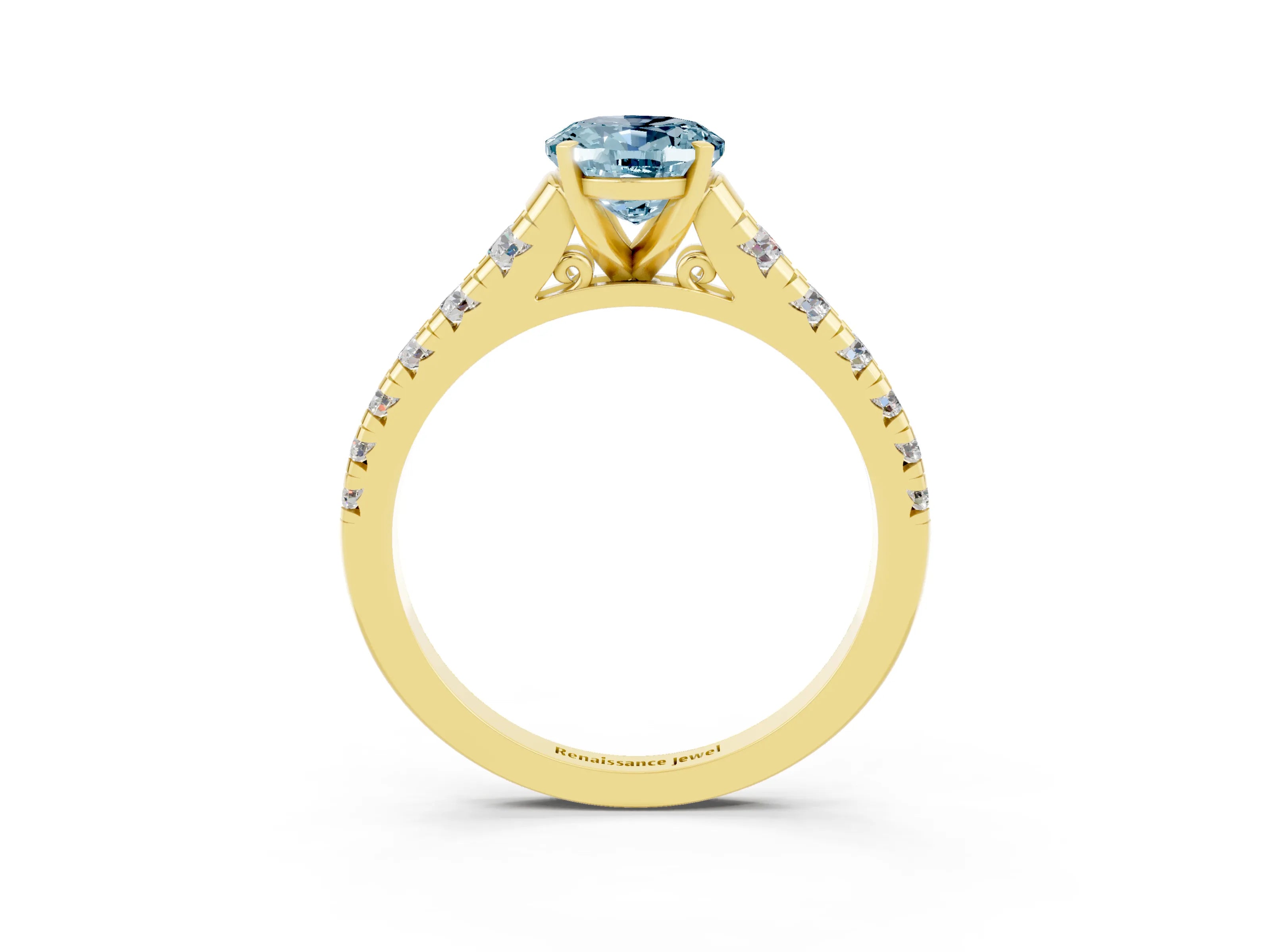 Yellow gold Oval Cut Aquamarine Solitaire Ring with Cathedral Setting and Pavé Band_3