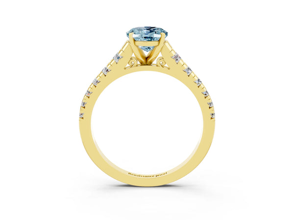 Yellow gold Oval Cut Aquamarine Cathedral Solitaire Ring with Round  Pavé Band