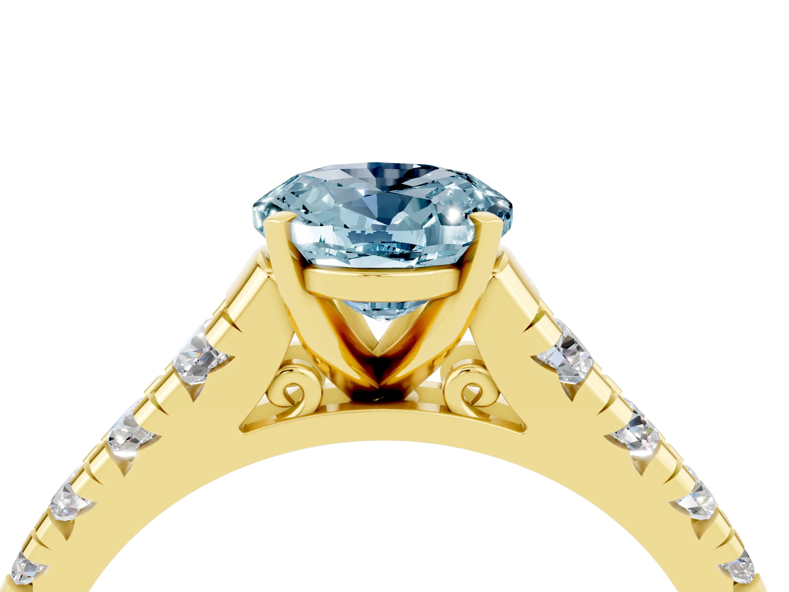 Yellow gold Oval Cut Aquamarine Solitaire Ring with Cathedral Setting and Pavé Band_4