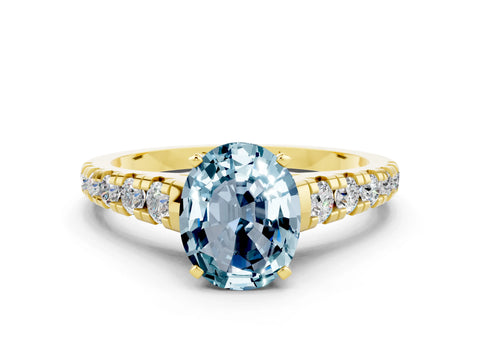 Yellow gold Oval Cut Aquamarine Solitaire Ring with Cathedral Setting and Pavé Band
