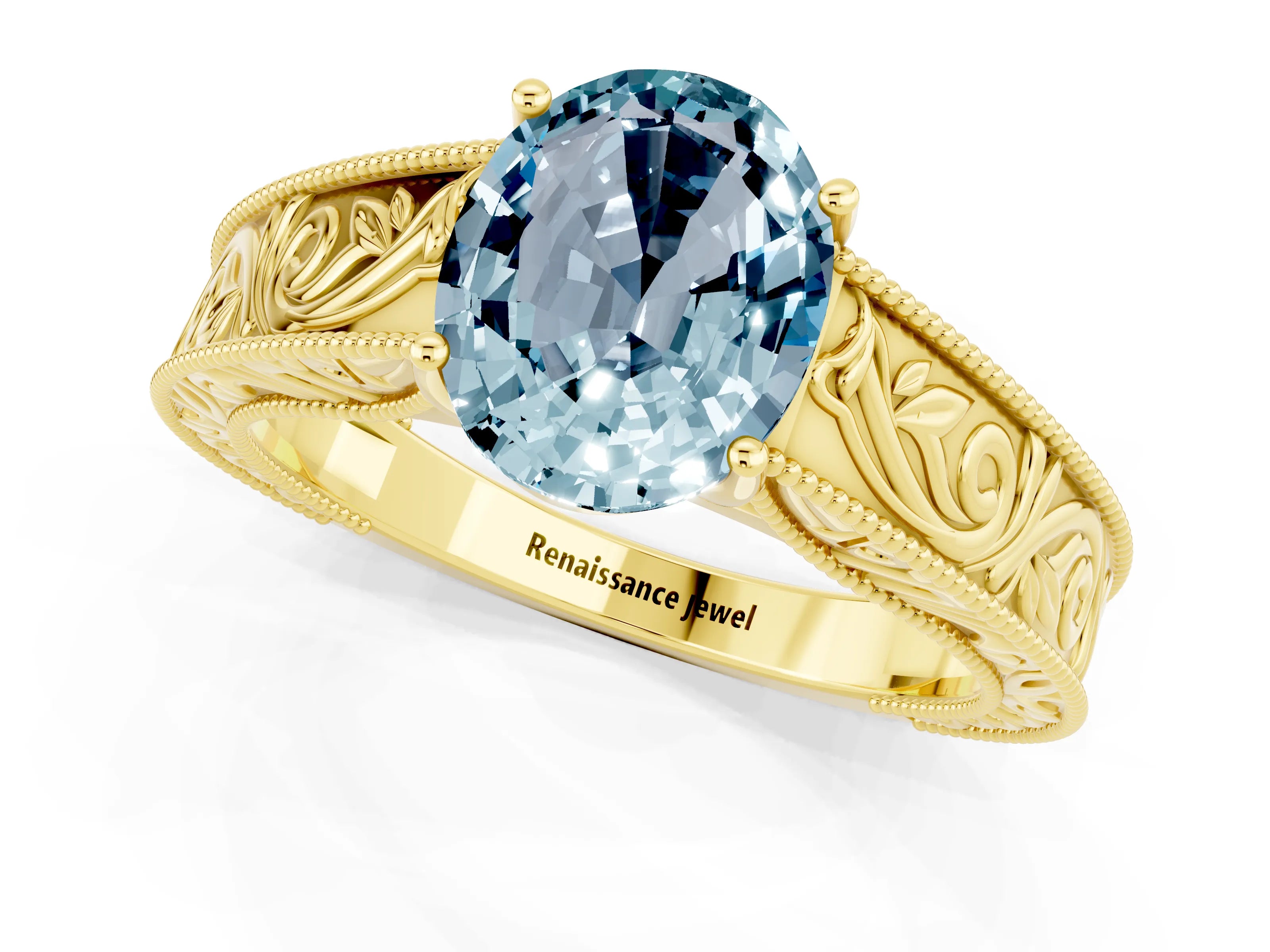 Yellow gold Oval Cut Aquamarine Solitaire Ring with Engraved Band and Four-Prong Setting_1