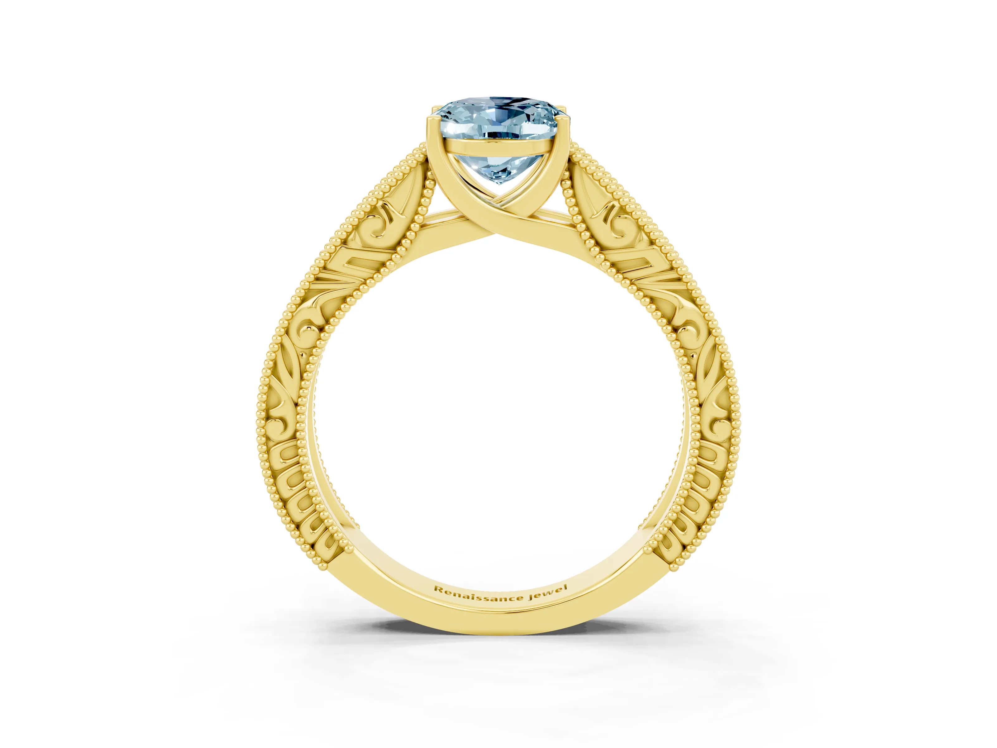 Yellow gold Oval Cut Aquamarine Solitaire Ring with Engraved Band and Four-Prong Setting_3