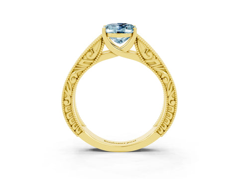 Yellow gold Oval Cut Aquamarine Solitaire Ring with Engraved Band and Four-Prong Setting_3