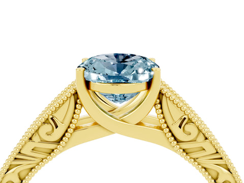 Yellow gold Oval Cut Aquamarine Solitaire Ring with Engraved Band and Four-Prong Setting_4