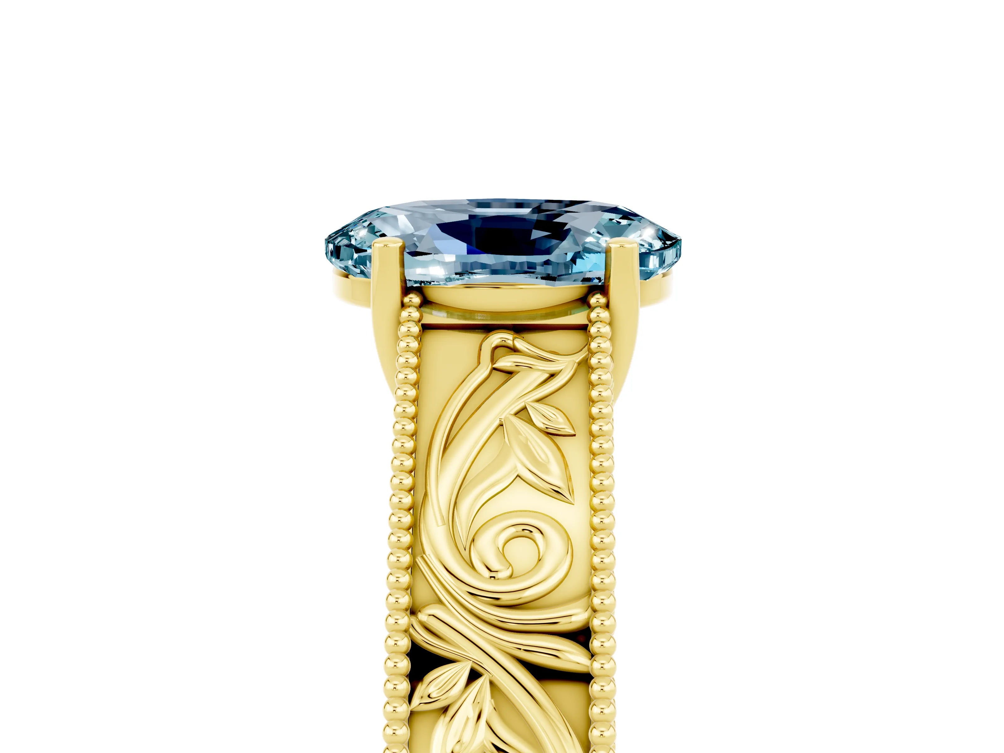 Yellow gold Oval Cut Aquamarine Solitaire Ring with Engraved Band and Four-Prong Setting_5