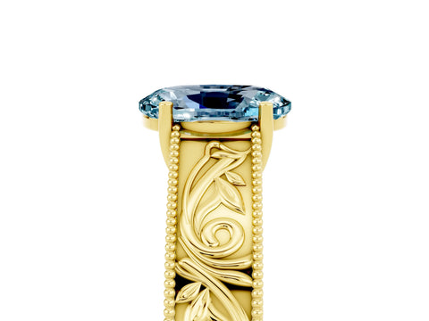 Yellow gold Oval Cut Aquamarine Solitaire Ring with Engraved Band and Four-Prong Setting_5