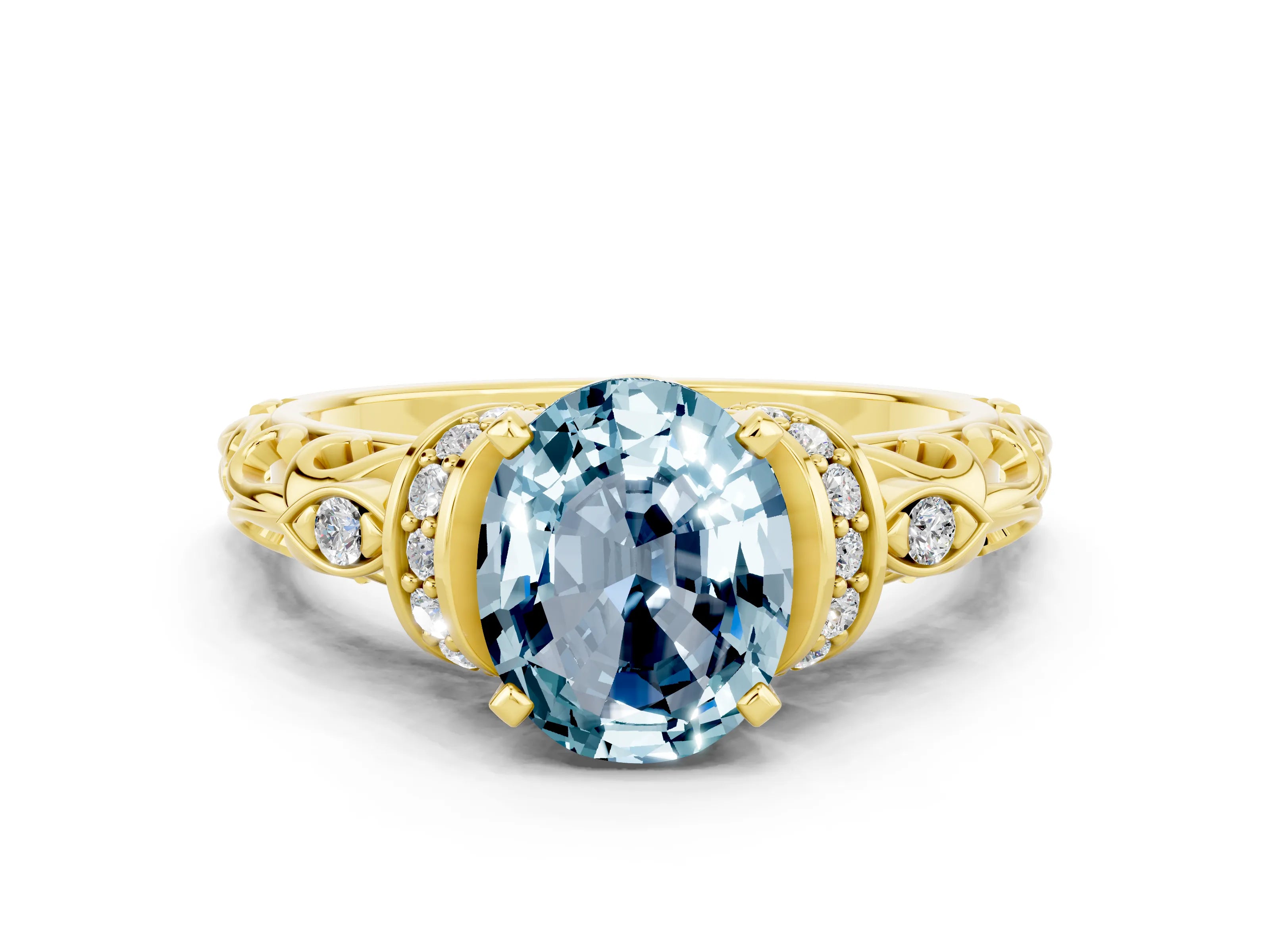 Yellow gold Oval Cut Aquamarine Solitaire Ring with Filigree Band and Four-Prong Setting_24