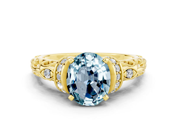 Yellow gold Oval Cut Aquamarine Solitaire Ring with Filigree Band and Four-Prong Setting