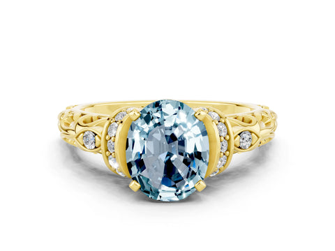 Yellow gold Oval Cut Aquamarine Solitaire Ring with Filigree Band and Four-Prong Setting_24
