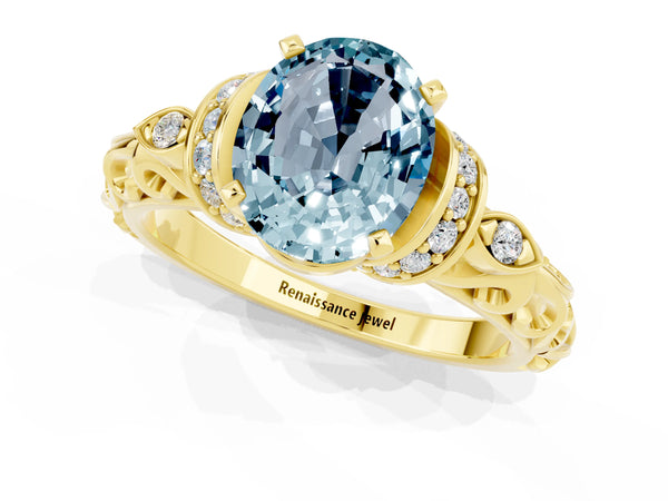 Yellow gold Oval Cut Aquamarine Solitaire Ring with Filigree Band and Four-Prong Setting