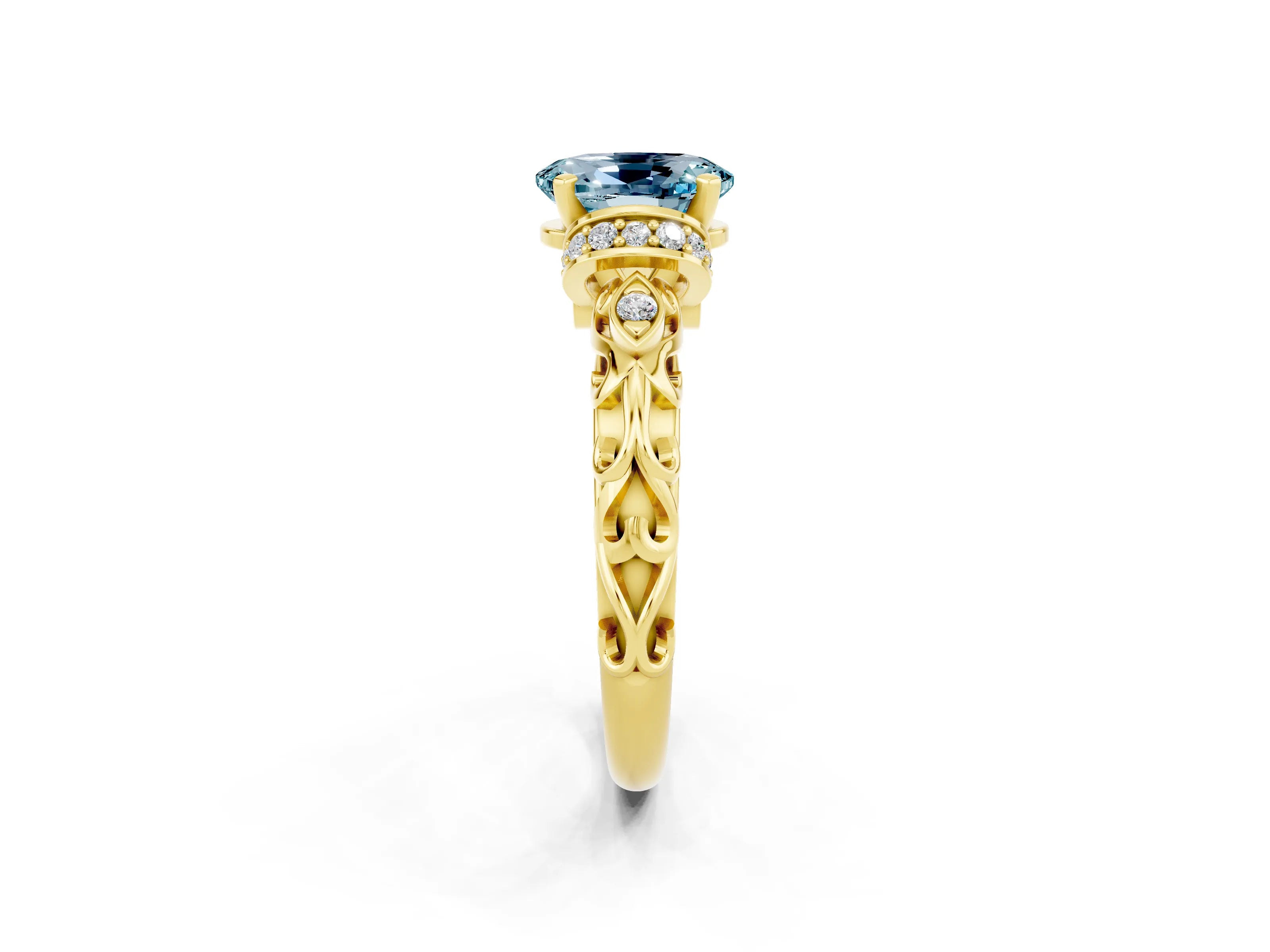 Yellow gold Oval Cut Aquamarine Solitaire Ring with Filigree Band and Four-Prong Setting_26