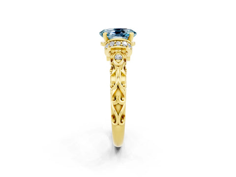 Yellow gold Oval Cut Aquamarine Solitaire Ring with Filigree Band and Four-Prong Setting_26