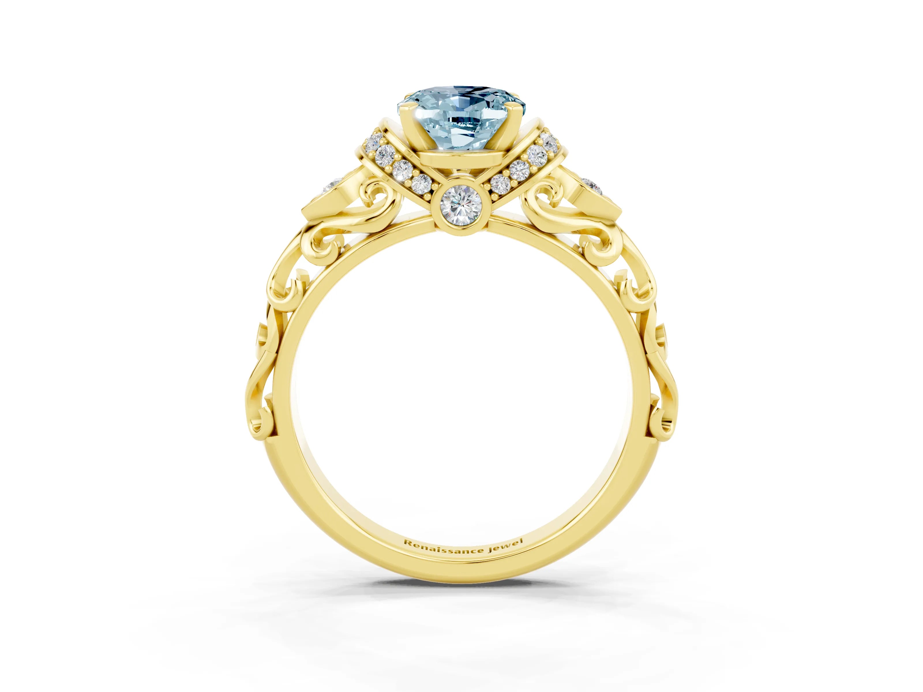 Yellow gold Oval Cut Aquamarine Solitaire Ring with Filigree Band and Four-Prong Setting_27