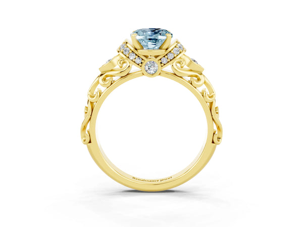Yellow gold Oval Cut Aquamarine Solitaire Ring with Filigree Band and Four-Prong Setting
