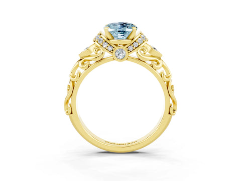 Yellow gold Oval Cut Aquamarine Solitaire Ring with Filigree Band and Four-Prong Setting_27