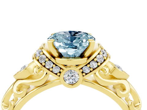 Yellow gold Oval Cut Aquamarine Solitaire Ring with Filigree Band and Four-Prong Setting_28