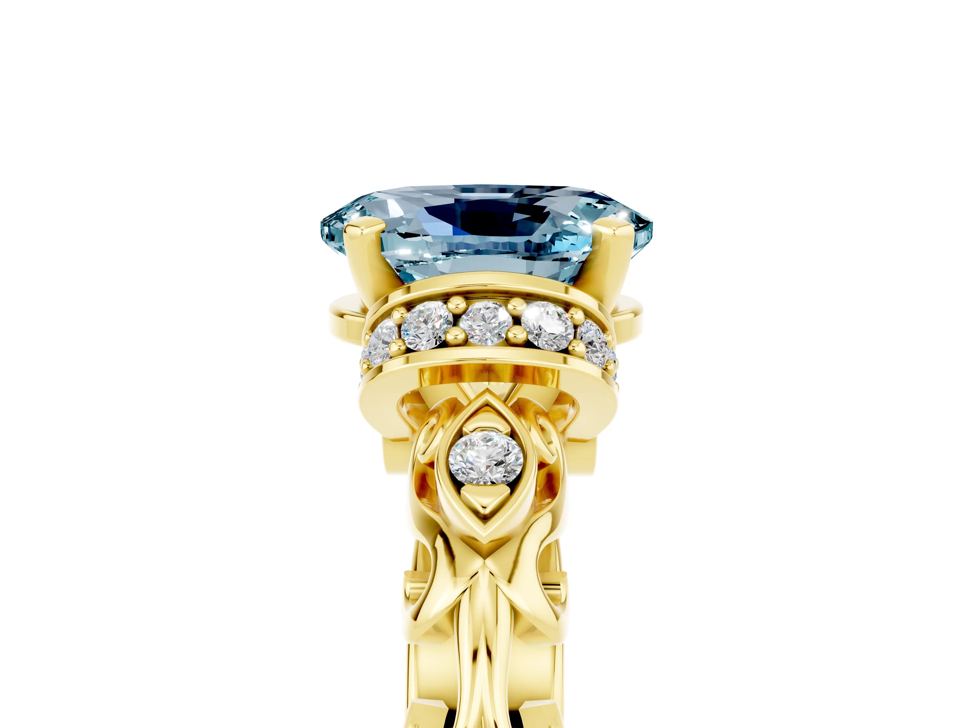 Yellow gold Oval Cut Aquamarine Solitaire Ring with Filigree Band and Four-Prong Setting_29