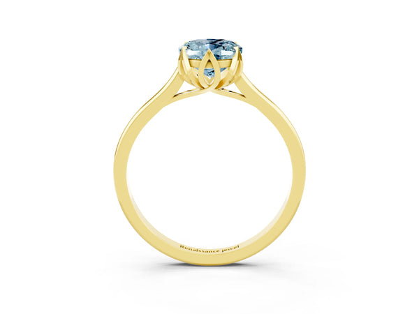 Yellow gold Oval Cut Aquamarine Solitaire Ring with Flower Prong Setting and Classic Band