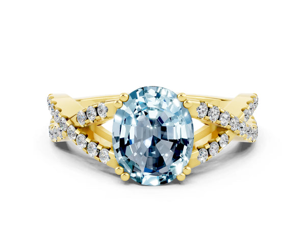 Yellow gold Oval Cut Aquamarine Solitaire Ring with Four-Prong Setting and Twisted Pavé Band