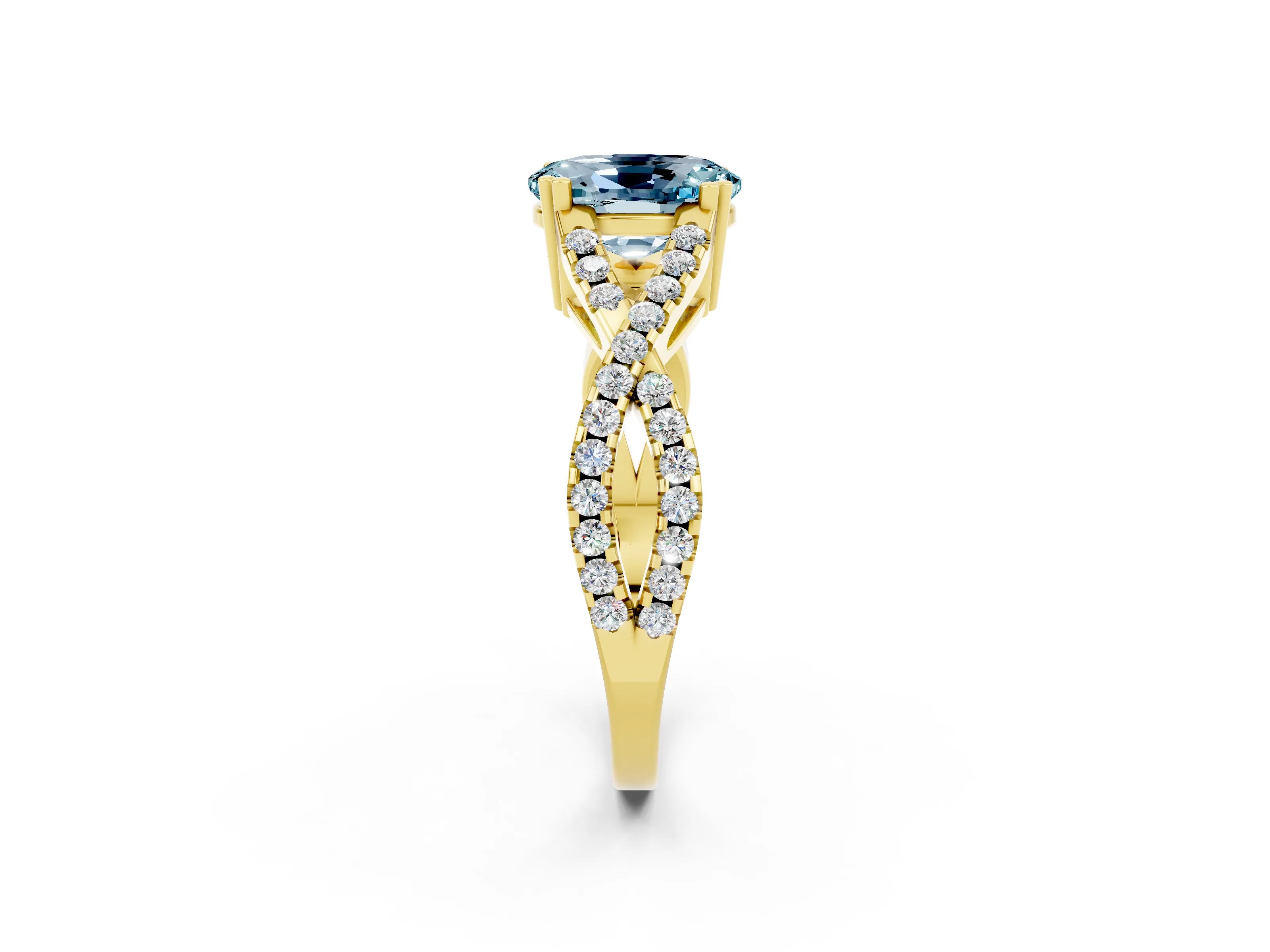 Yellow gold Oval Cut Aquamarine Solitaire Ring with Four-Prong Setting and Twisted Pavé Band_2