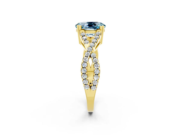 Yellow gold Oval Cut Aquamarine Solitaire Ring with Four-Prong Setting and Twisted Pavé Band