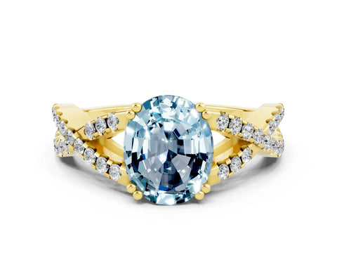 Yellow gold Oval Cut Aquamarine Solitaire Ring with Four-Prong Setting and Twisted Pavé Band